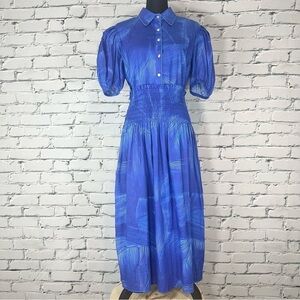 De loreta NWOT Puff Sleeve Cotton Smocked Midi Dress Blue Lago Print XL